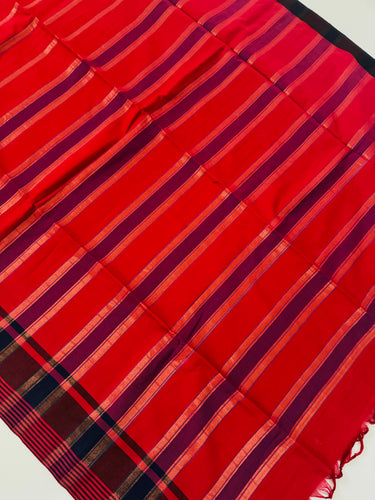 ShopNaya Exclusive | Handwoven | Cotton Saree | No Blouse | Red & Black | Dual Shade | Handloom Mark | Ships from California